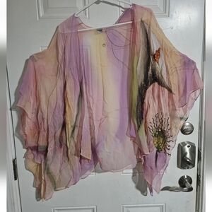 Vintage silk floral hand-painted beaded kimono Chico's fairycore sheer
